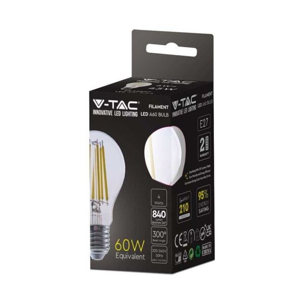 v-tac vt-2334 lampadina led 4w e27 3000k lampada filamento bulbo a60 vetro trasparente sku 2990