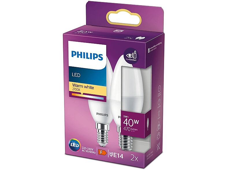 Philips LAMPADINA LED  2X Cand 40W E14 2700k