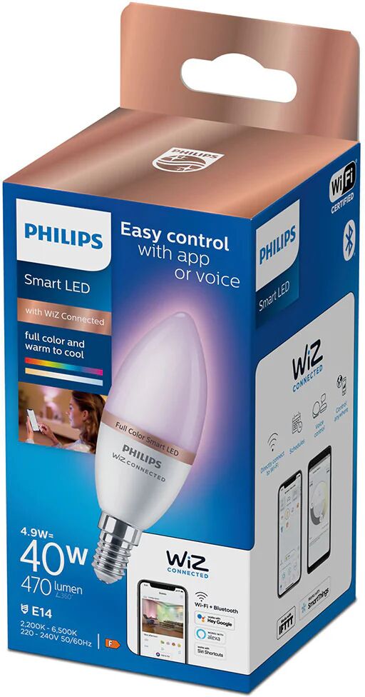 Philips LED Lampadina Smart Dimmerabile Luce Bianca o Colorata Attacco E14 40W Candela