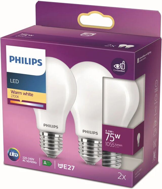 Philips Set da 2 lampadine LED, E27 goccia, opaco, luce calda, 8.5W= 1055LM (equiv 75 W), 360° ,