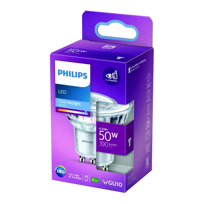 Philips Lampadina LED, GU10 faretto, trasparente, luce fredda, 4.6W= 575LM (equiv 50 W), 360° ,