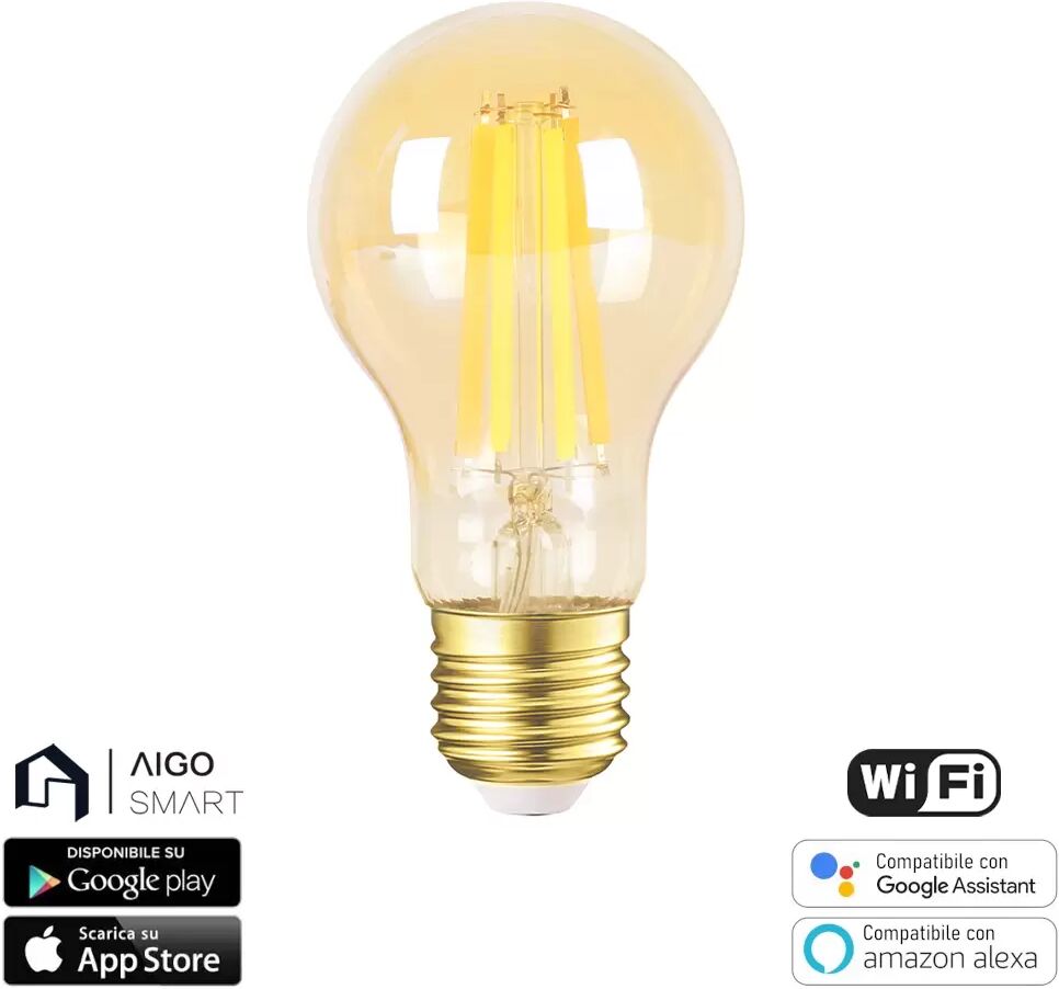 Lampadina Led Vintage a Filamento Smart A60 E27 6W WiFi CCT luce regolabile e dimmerabile Aigostar