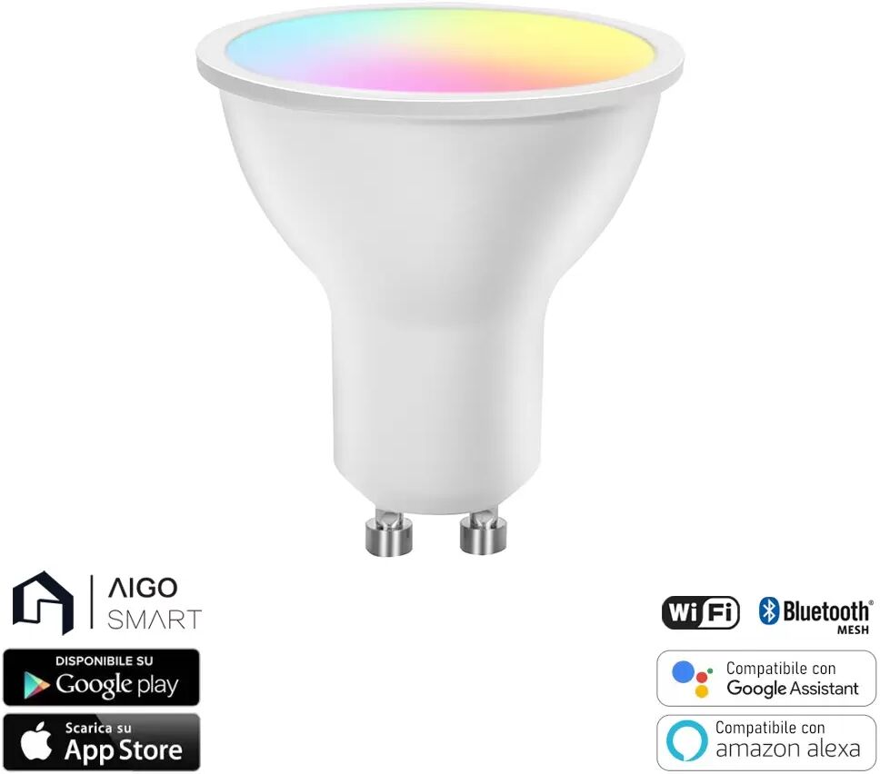 Faretto Led Smart GU10 6.5W Bluetooth Mesh RGB CCT luce regolabile e dimmerabile Aigostar