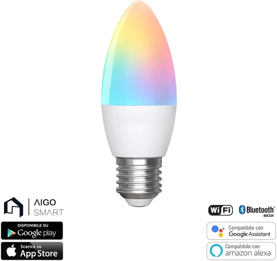 Lampadina Led Smart C37 E27 4,9W Bluetooth Mesh RGB CCT luce regolabile e dimmerabile Aigostar