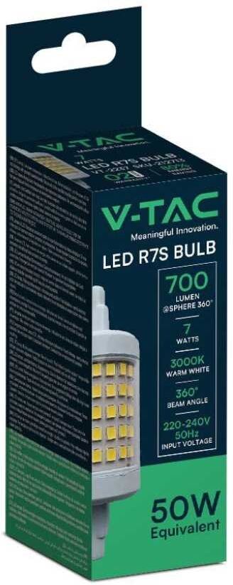 V-Tac Vt-2237 Lampadina Led 7w R7s Equivalente Alogena 50w 700lm Luce Bianco Caldo 3000k 28*78mm - Sku 212713