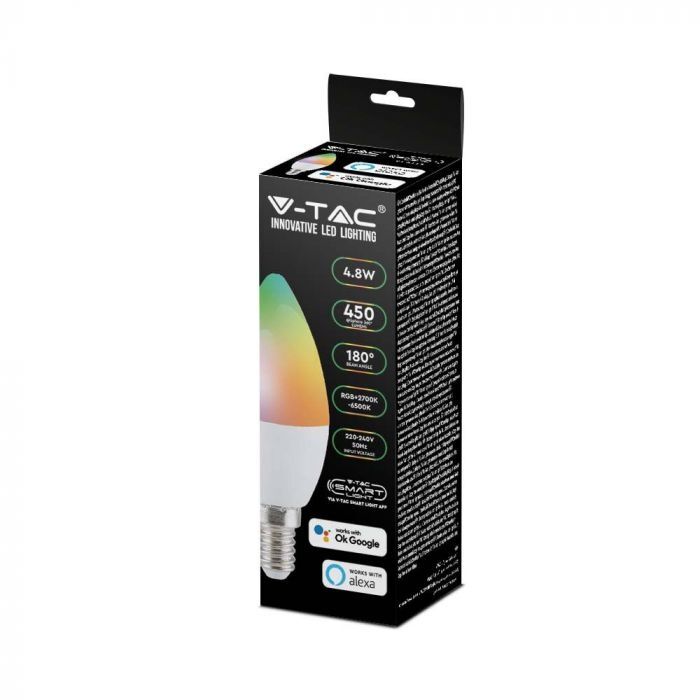 V-Tac Smart Light Vt-5114 Lampadina Led E14 Wifi 4.5w Candela Dimmerabile Rgb+3in1 Gestione Alexa Google - 212754