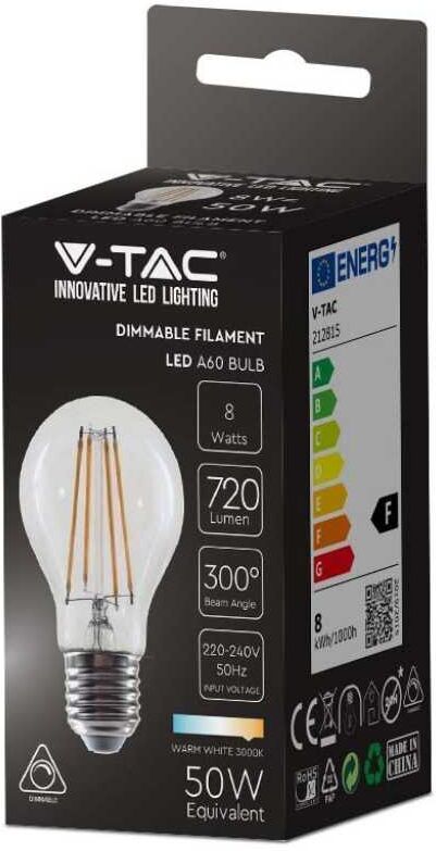 V-Tac Vt-2288d Lampadina Led Dimmerabile 8w E27 3000k Lampada Filamento A67 Vetro Trasparente Sku 212815