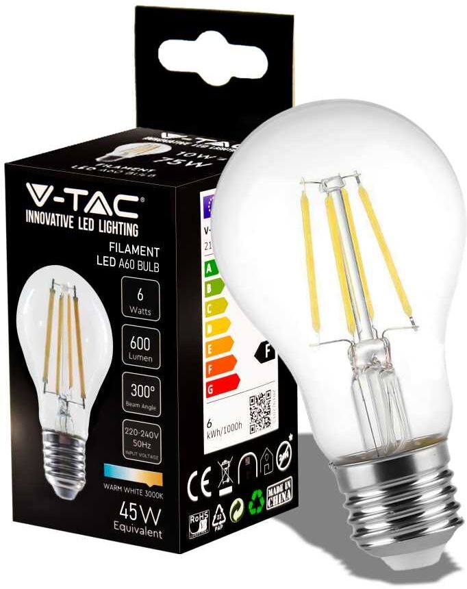 V-Tac Vt-1887 Lampadina A Led Lampada 6w Filamento E27 A60 3000k 300° 600lm - 214272