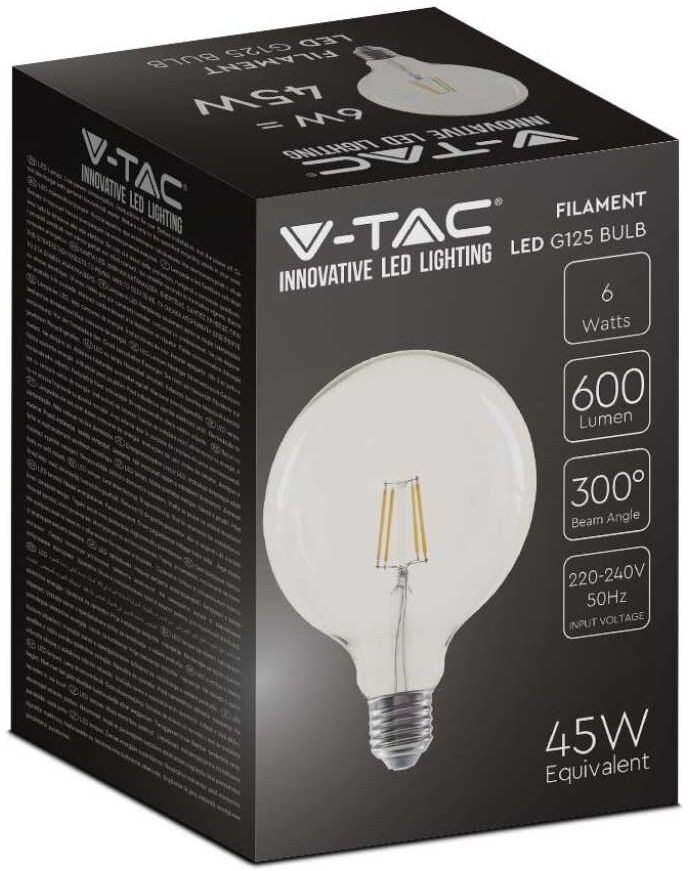 V-Tac Vt-1983 Lampadina Led Globo 6w Trasparente Filamento E27 G125 Luce Bianco Caldo 3000k - 214304