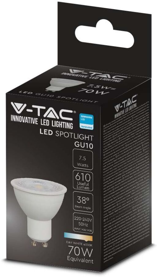 V-Tac Pro Vt-291 Lampadina Led Gu10 Faretto 38° Chip Samsung Smd 7.5w Bianco Caldo 3000k - Sku 21875