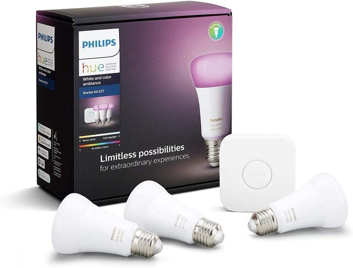 Philips Hue 3 x E27 LED Lamp 9W RGBWW, 1 x Bridge, White and Color Ambia