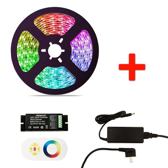 Groenovatie RGB LED Strip Set, 5 Meter, 14.4 Watt/meter, Met Adapter & Touch Control