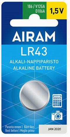 Airam LR43 (86A) 1,5V alkalisk knappebatteri