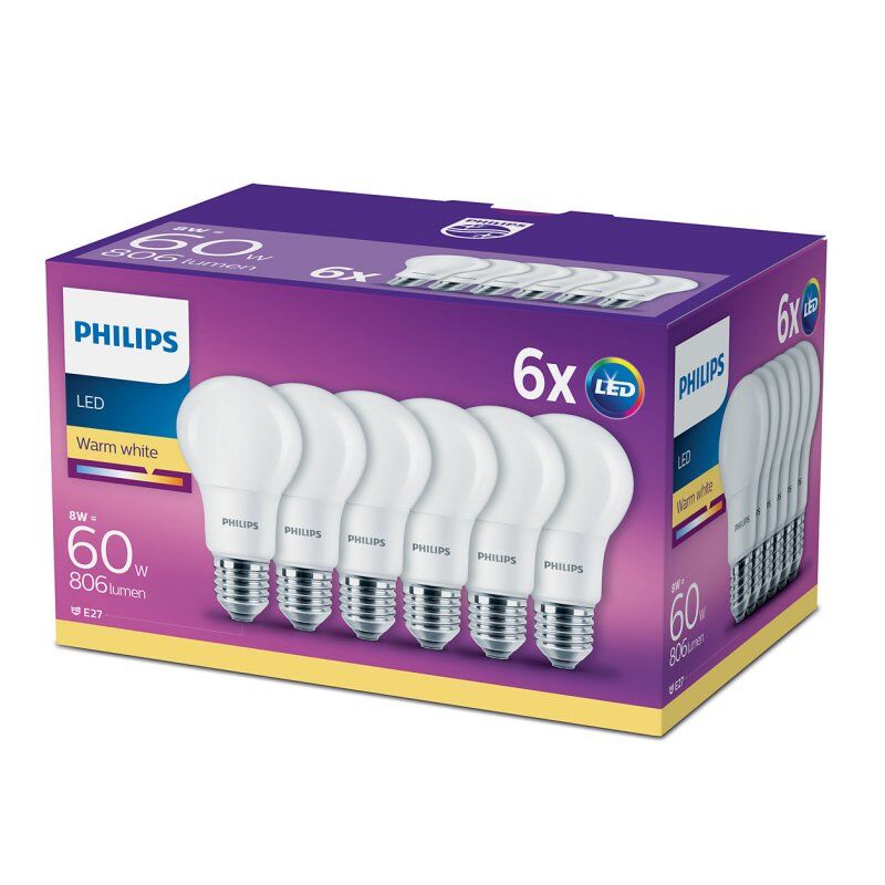 Philips Pack x6 lâmpadas led 60w a60 e27 luz branca quente