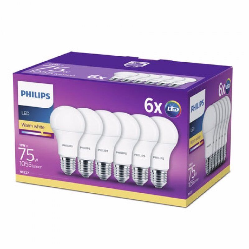 Philips pack x6 lâmpadas led 75w a60 e27 luz branca quente