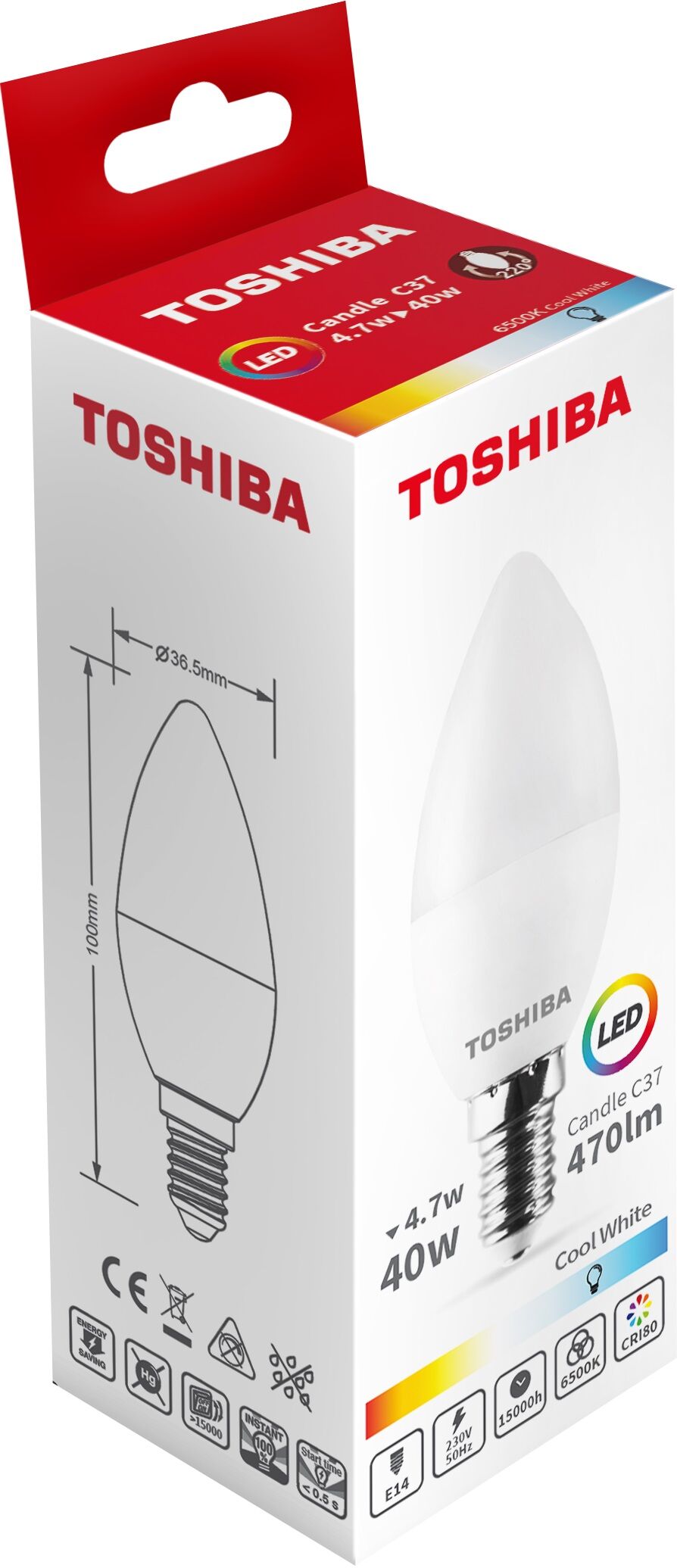 Toshiba Lâmpada Led E14 C37 4,7w 6500k 470lm - Toshiba