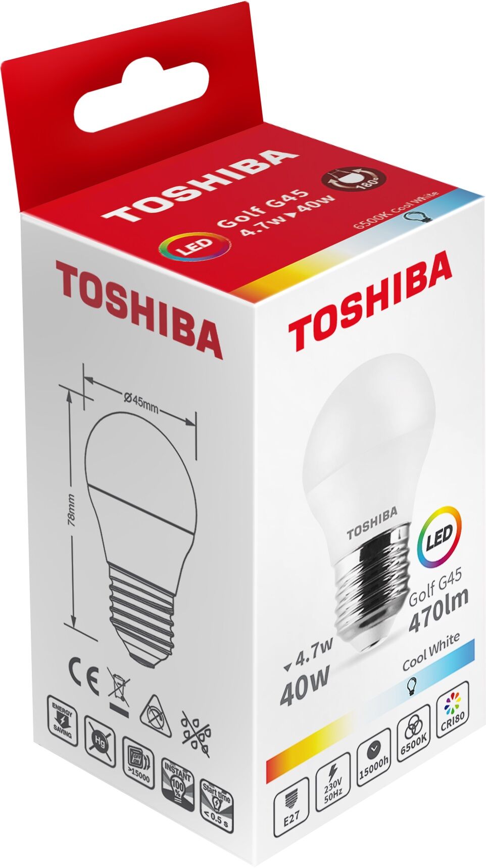 Toshiba Lâmpada Led E27 G45 4,7w 6500k 470lm - Toshiba