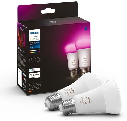 Philips Hue 8719514328365 LED žiarovka 1x6,5W   E27   800lm   2000-6500K   RGB - set 2 ks, Bluetooth, stmievateľné, White and Color Ambiance