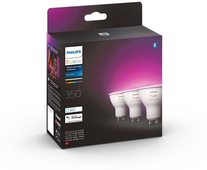 Philips Hue 8719514342767 LED žiarovky 3x4,3W   GU10   350lm   2000-6500K   RGB - set 3 ks, White and color Ambiance, stmievateľné, Bluetooth