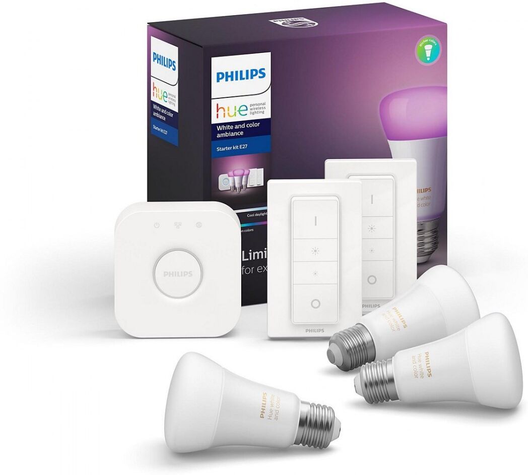 Philips Hue 8718699696917 Starter kit 3x LED žiarovka + 2x ovládač Dimmer Switch + Bridge 9W   E27 - White and Color Ambiance