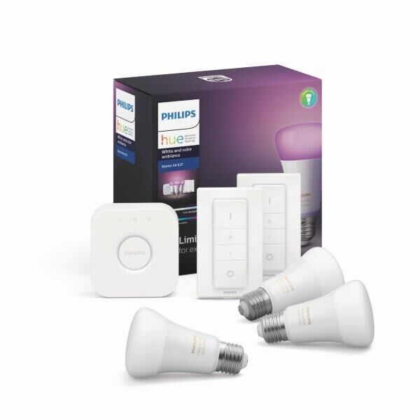 Philips Hue White and Color Ambience Starter Kit E27 9W A60 3-set + 2xswitch + HUE Bridge BlueTooth