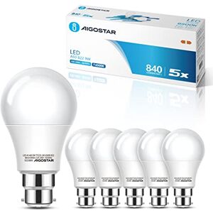 Aigostar B22 LED Bulb Bayonet, Bayonet Light Bulb, 9W 840LM B22 LED Bulbs, 62W Equivalent, Cool White 6500K, Bayonet Energy Saving Light Bulb, Pack of 5