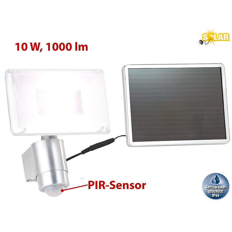 Luminea Solar-LED-Strahler aus Aluminium mit PIR-Sensor, 10 W, 1.000 lm, IP44