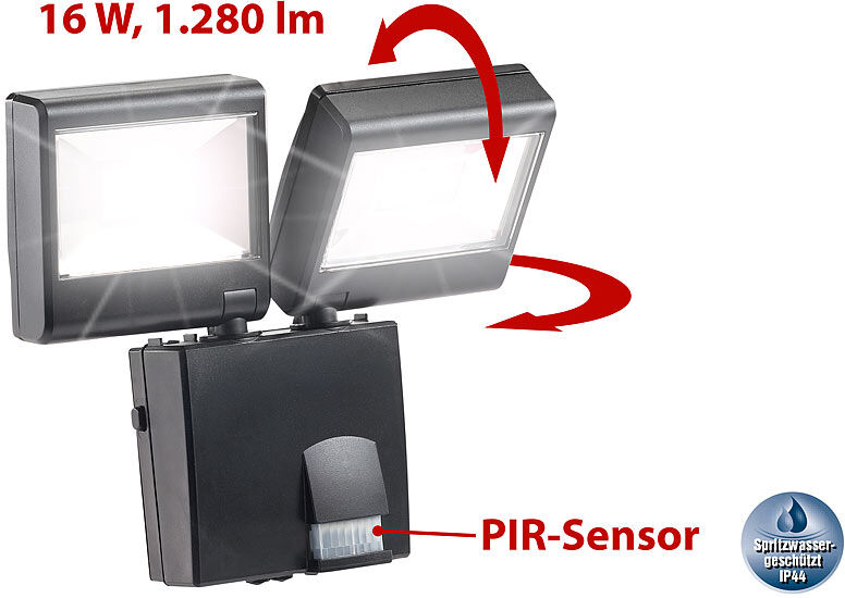 Luminea Duo-LED-Außenstrahler mit PIR-Sensor, 16 Watt, 1.280 lm, IP44