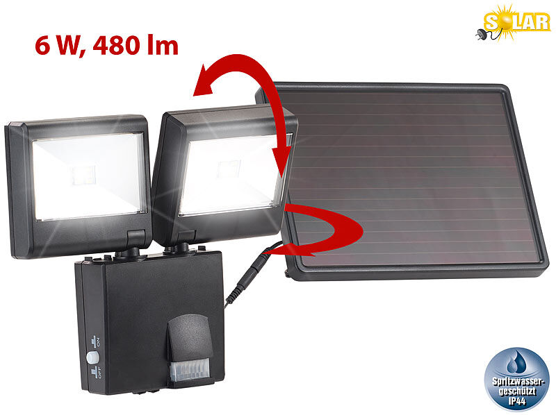 Luminea Duo-Solar-LED-Außenstrahler mit PIR-Bewegungssensor, 6 W, 480 lm, IP44