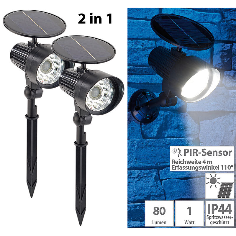 Royal Gardineer 2er-Set 2in1-Solar-LED-Wand- und Wegeleuchten mit Licht- & PIR-Sensor