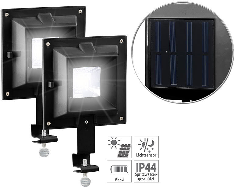 Lunartec 2er-Set Solar-LED-Dachrinnenleuchten, 20 lm, Licht-Sensor, schwarz