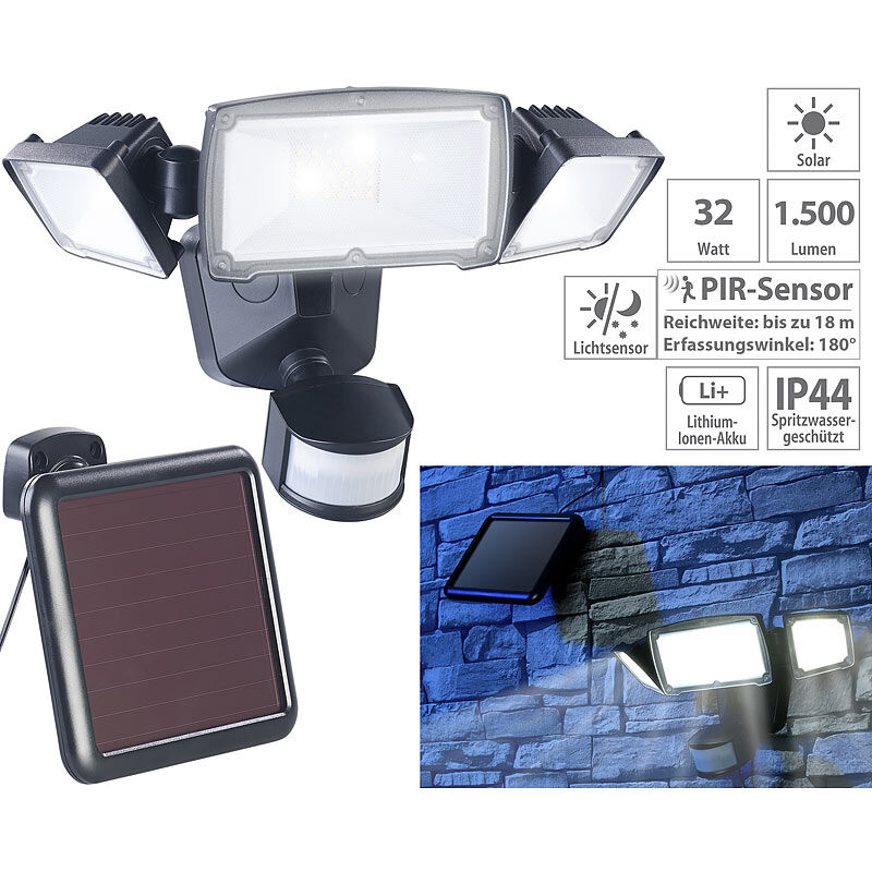 Luminea 3-fach-Solar-LED-Fluter für außen, PIR-Sensor, 32 W, 1.500 Lumen, IP44