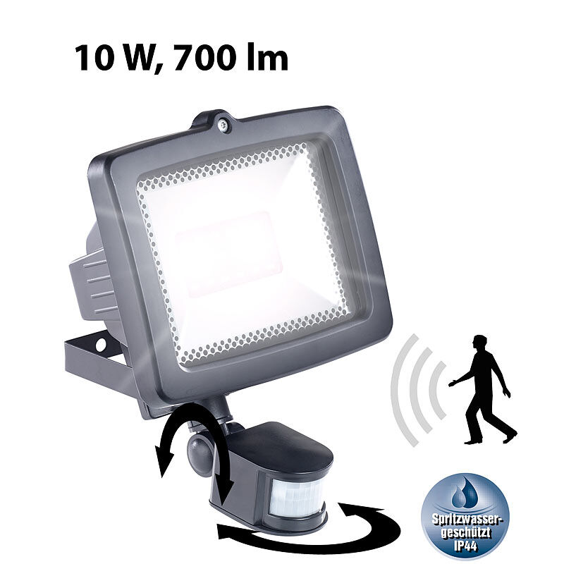 Luminea LED-Fluter für den Außenbereich, 10 Watt, 700 Lumen, PIR-Sensor, IP44