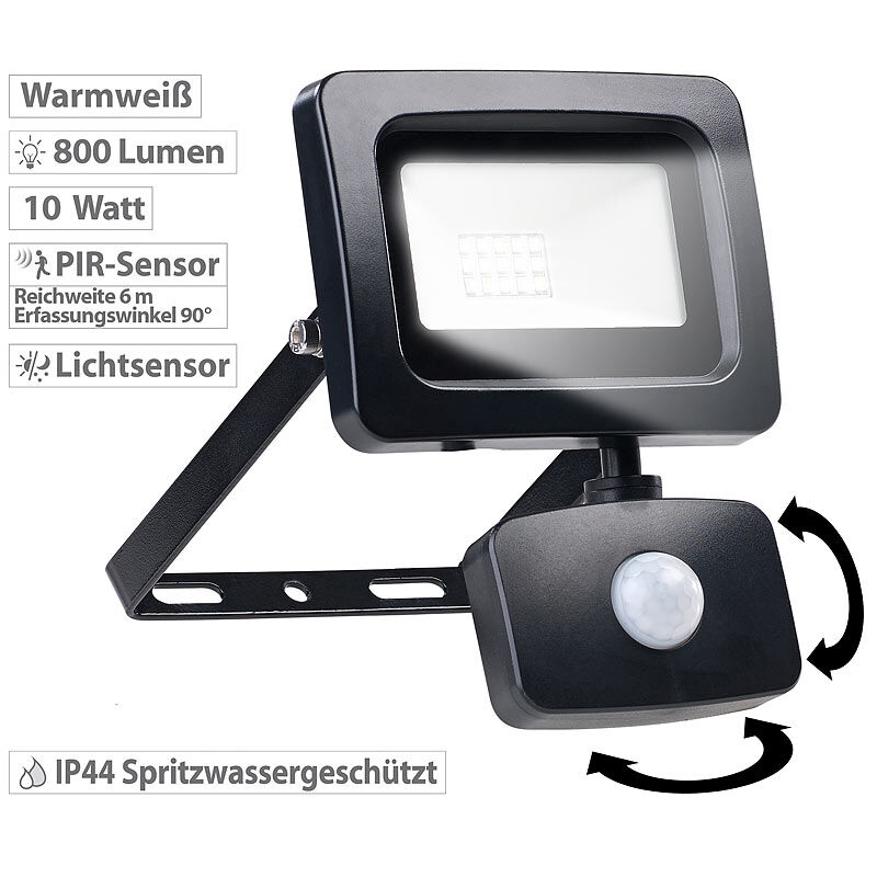 Luminea Mini-LED-Fluter, PIR-Bewegungssensor, 10 Watt, 800 lm, warmweiß, IP44