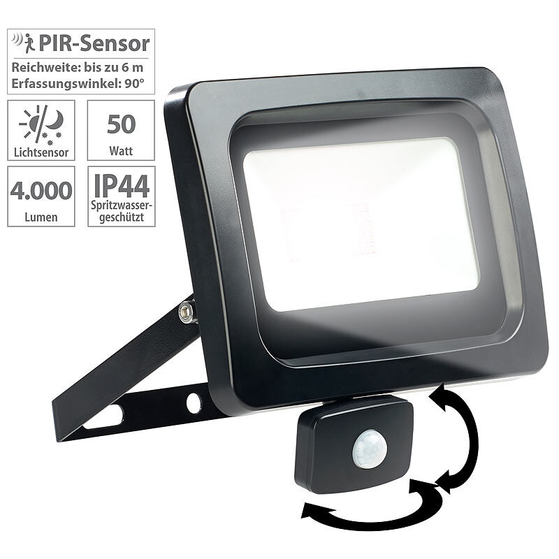 Luminea Mini-LED-Fluter, PIR-Sensor, 50 Watt, 4.000 lm, tageslichtweiß, IP44