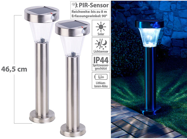 Lunartec 2er-Set Solar-Wegeleuchte, Edelstahl, Bewegungs- & Licht-Sensor, IP44