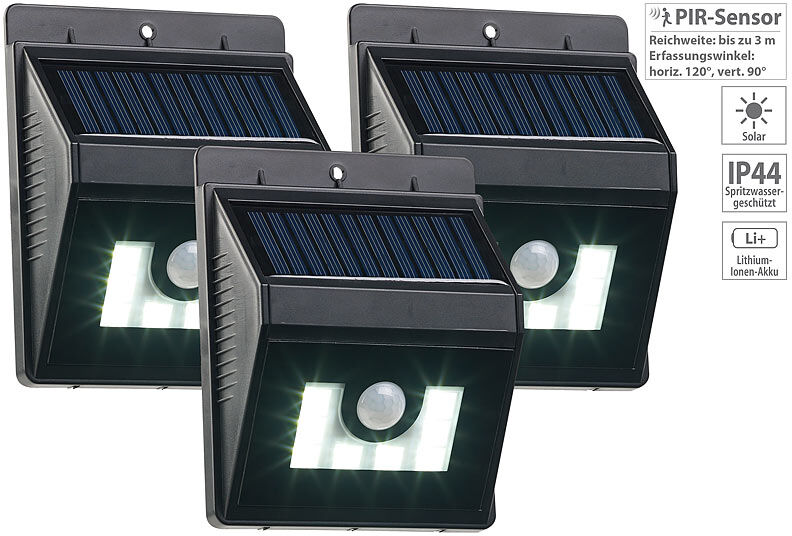 Lunartec 3er-Set Solar-LED-Wandleuchten mit Bewegungsmelder, Dimm-Funktion