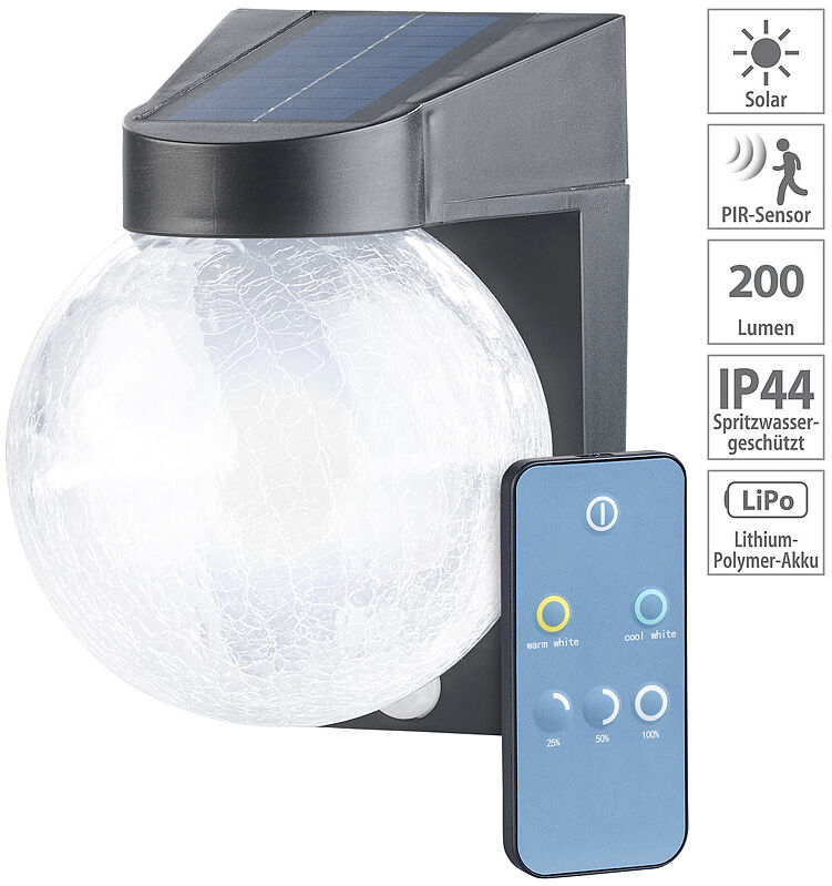 Luminea Solar-LED-Wandleuchte im Crackle-Glas-Design, PIR-Sensor, 200 Lumen