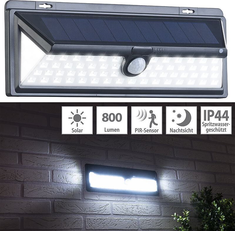 Luminea Solar-LED-Wandleuchte, Bewegungs-Sensor & Akku, 800 Lumen, 13,2 Watt