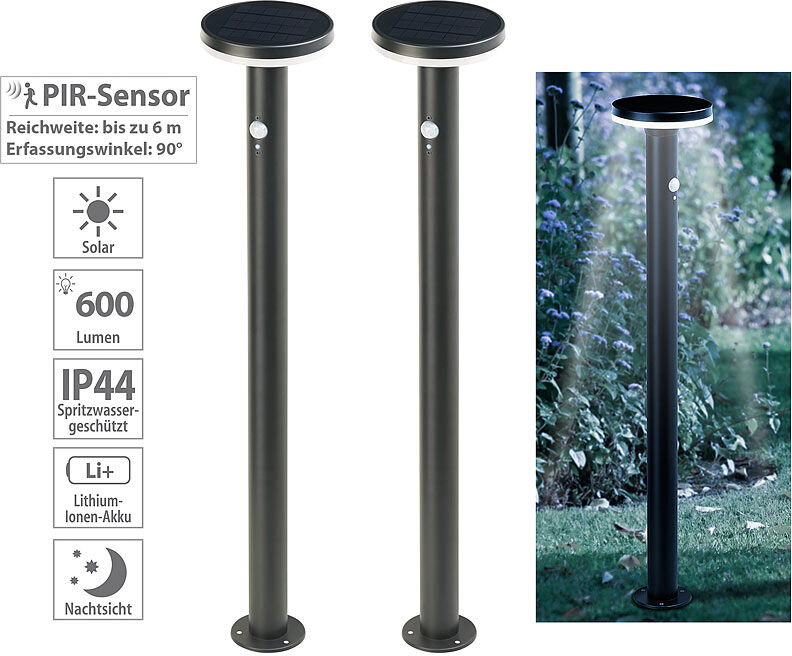 Lunartec 2er-Set Premium-LED-Solar-Wegeleuchte, PIR-Sensor, Nachtlicht, 600 lm