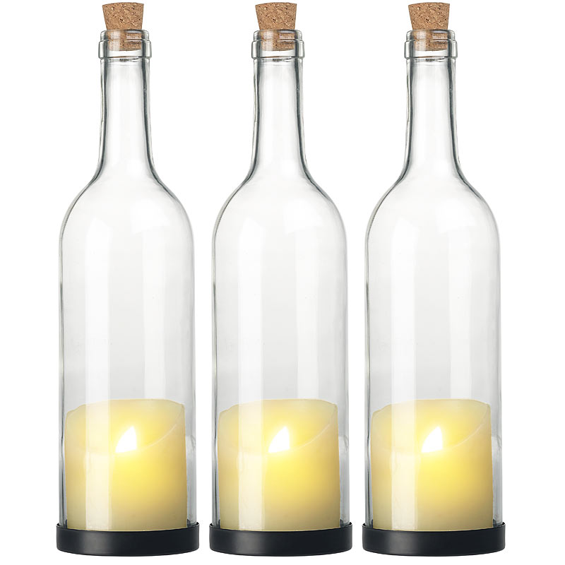 Lunartec 3er-Set Deko-Glasflasche mit LED-Kerze und beweglicher Flamme, Timer