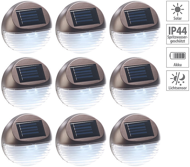 Lunartec 9er-Set Solar-LED-Zaunleuchte für Hauswand & Treppe, Lichtsensor, IP44