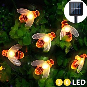 Bee String Lights, 6,5 m solcelledrevet 30 LED'er udendørs lys, vandtætte eventyrlys, humlebi formet dekorationslys til udendørs, bryllup, landskab,