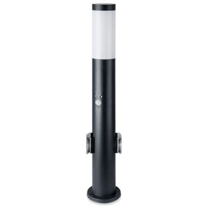 V-TAC Lampe de jardin LED 60cm avec douille E27, 2 prises Schuko et détecteur de mouvement (max 60W) Acier inoxydable Noir IP44 - Publicité