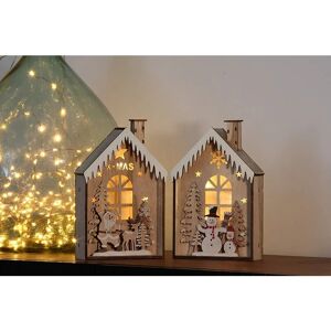 KONTARBOOR Village de Noël Lumineux en Bois. Lot de 2 maisons décoratives de noël avec LED h=23cm l=14,5cm, à poser ou a accrocher. Publicité