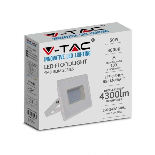 v-tac vt-4051 faro led 50w proiettore e-series super slim g2 corpo bianco luce bianco naturale 4000k ip65 - sku 215962