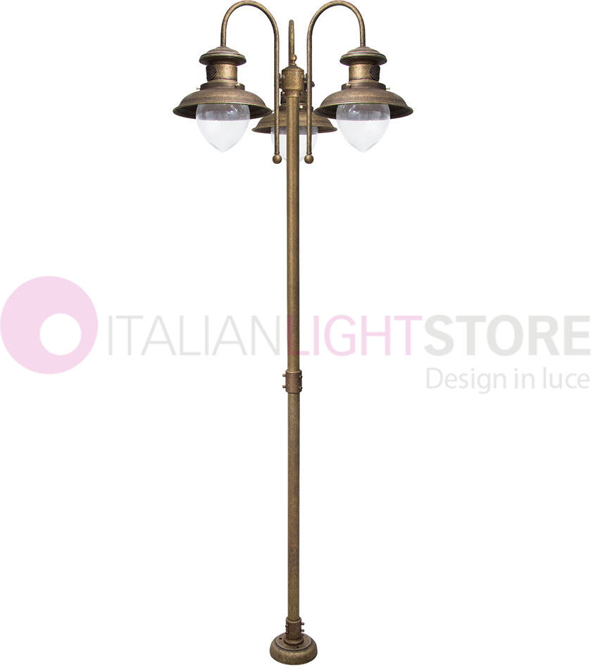 Iris Luce Navy Lampione Da Esterno A 3 Luci In Ottone Anticato Stile Nautico H. 210 Cm