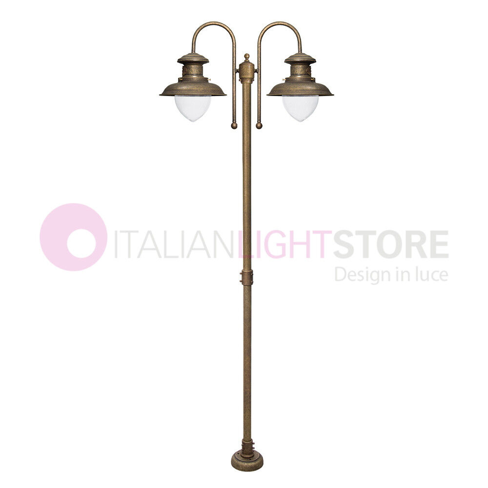 Iris Luce Navy Lampione Da Esterno A 2 Luci In Ottone Anticato Stile Nautico H. 210 Cm