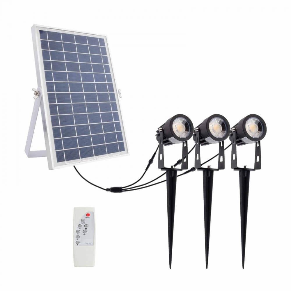 Kit 3 Faretti LED Solare con Picchetto 3x5W con Telecomando incluso