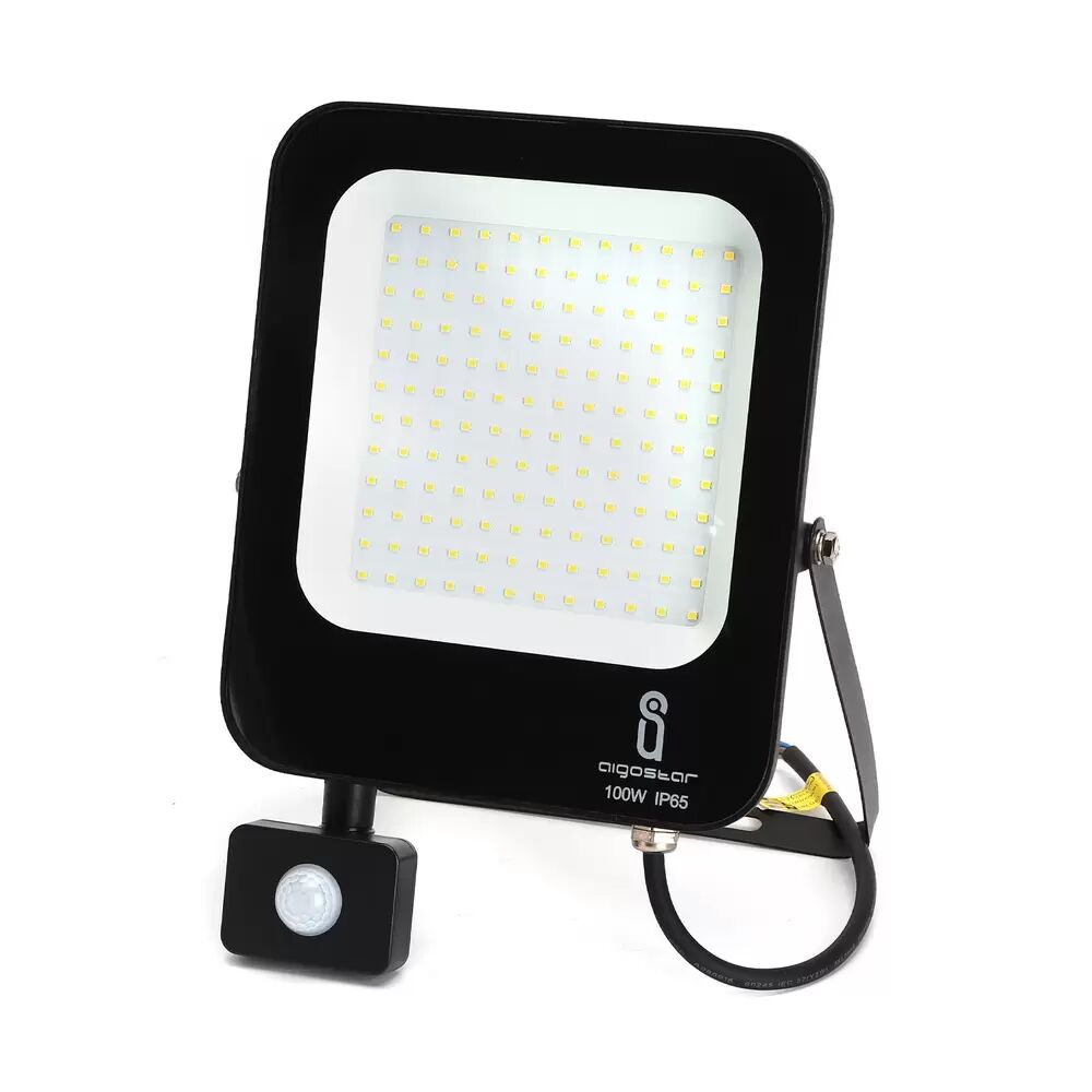 Faro proiettore Led 100W Nero da esterno IP65 Bianco neutro 4000K con sensore crepuscolare e di movimento Aigostar